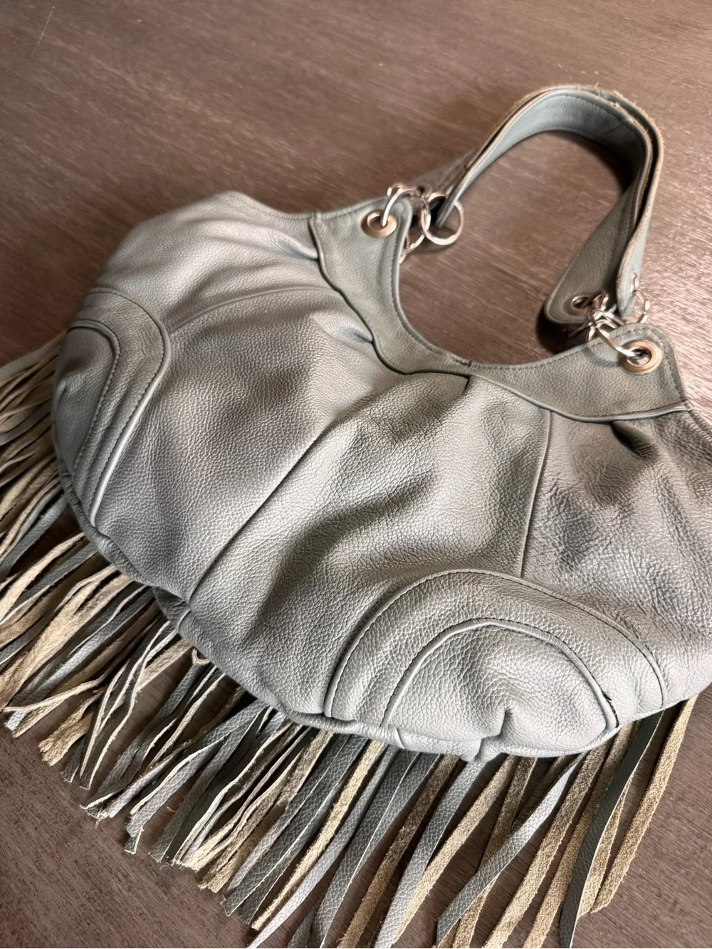 Vintage Leather Grey Fringe Hobo Shoulder Bag Purse